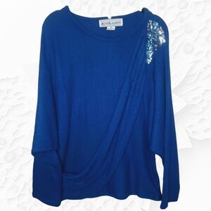 Vintage Blue Long Sleeve Blouse with Front Sweeping Design and Shoulder Sequins